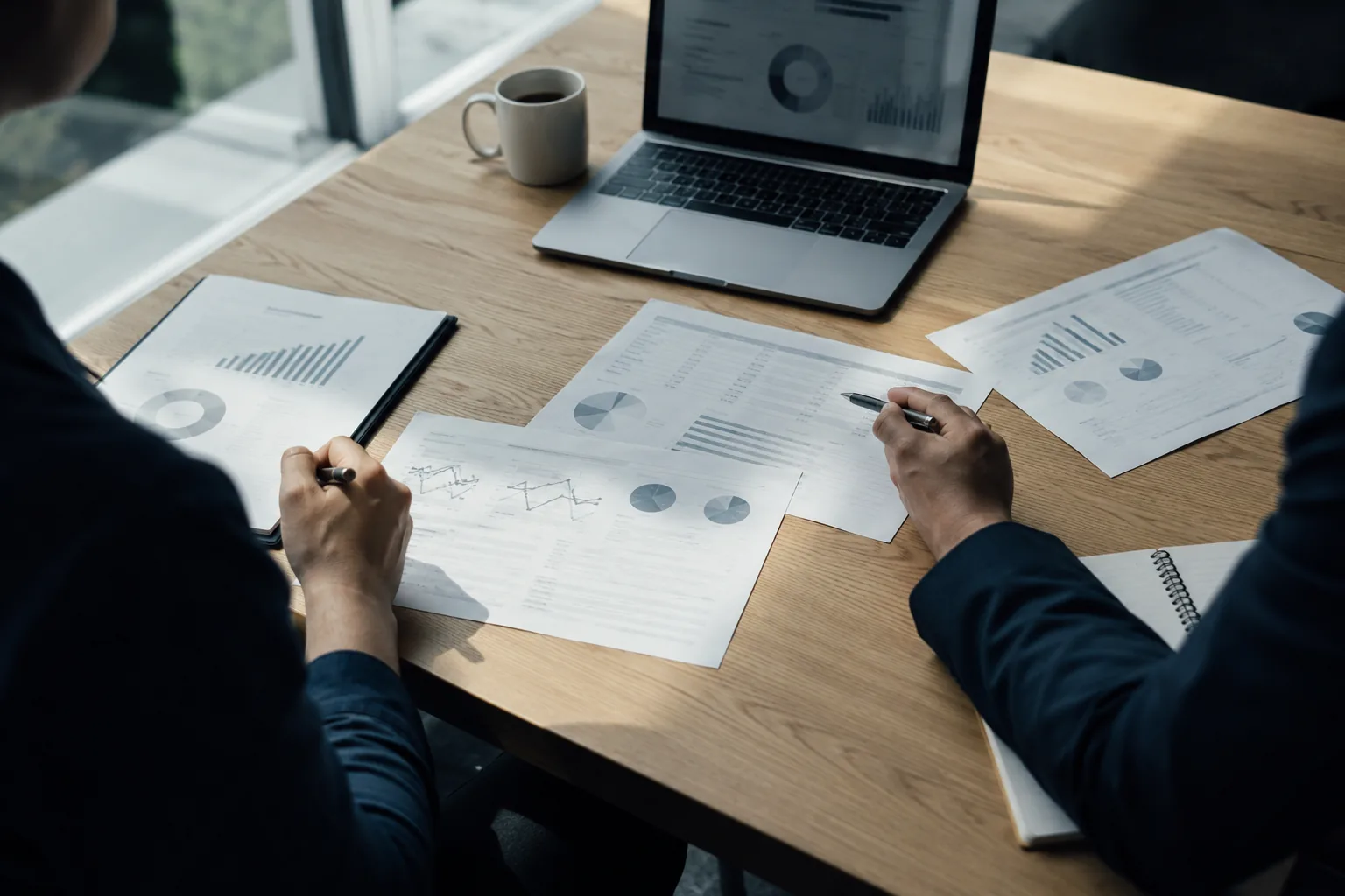 Two people reviewing printed reports and a laptop together at a meeting room table.