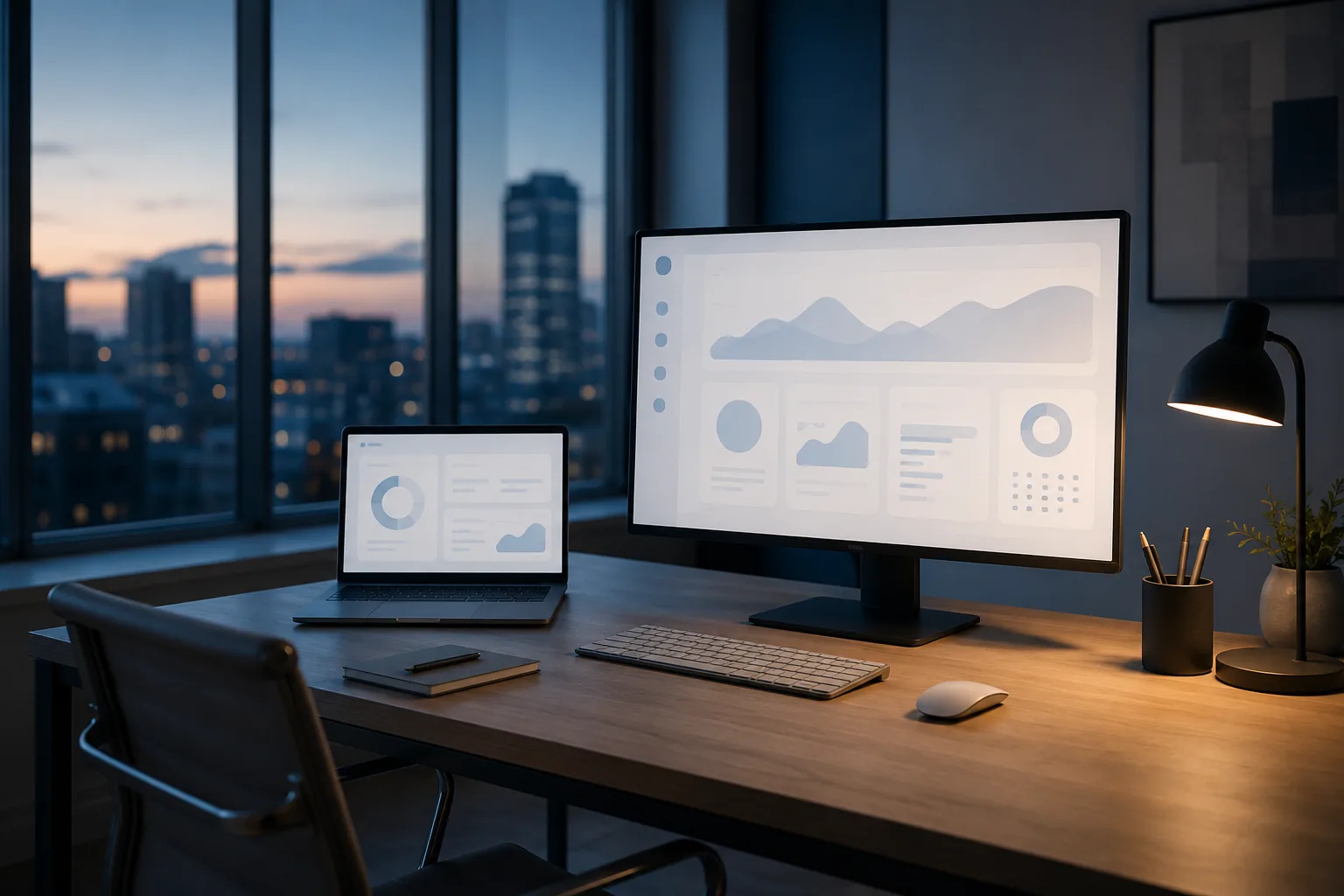 A laptop and a large monitor on a desk at dusk, both showing dashboard panels.