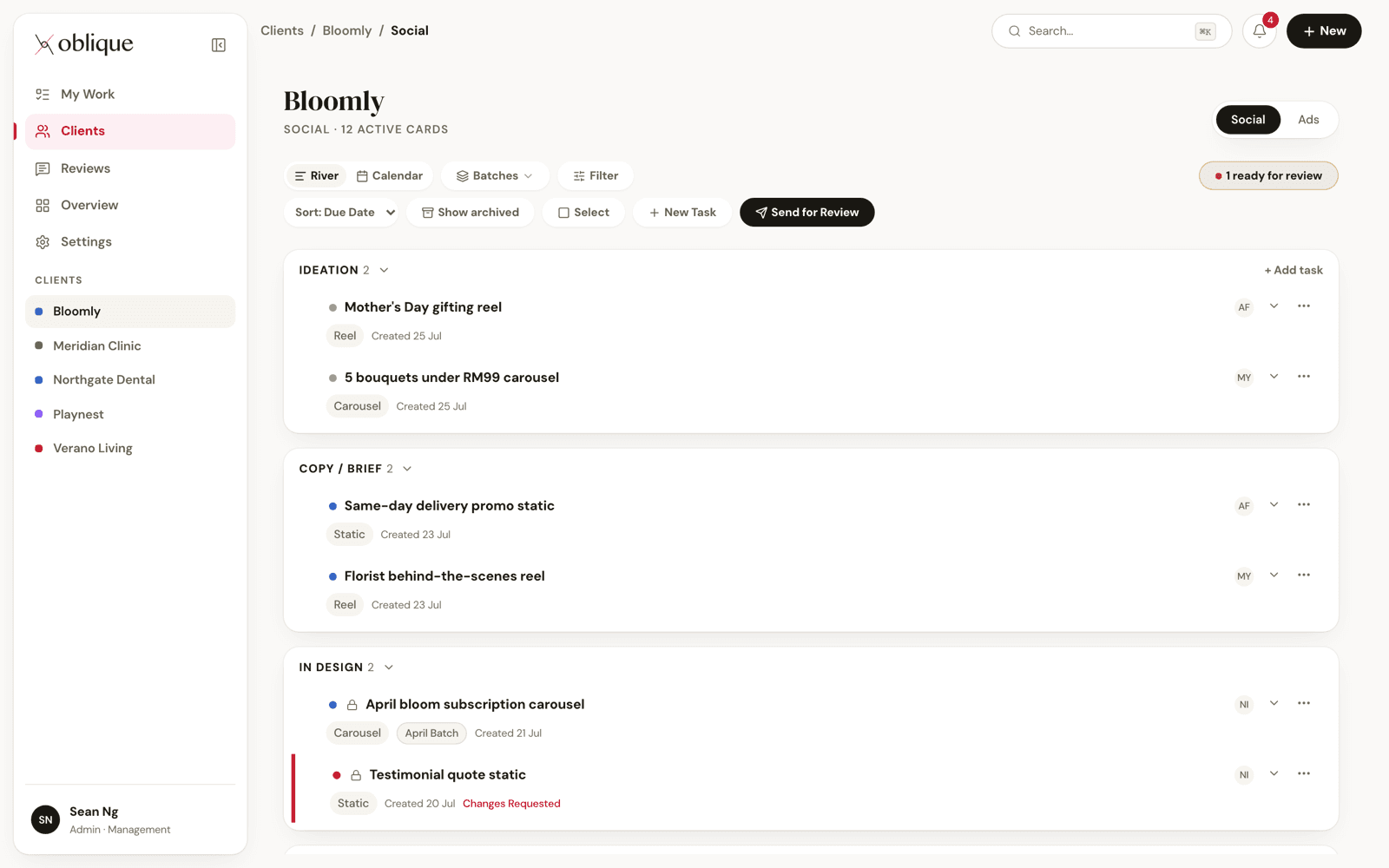 The Oblique OS job board showing work in progress across the team.