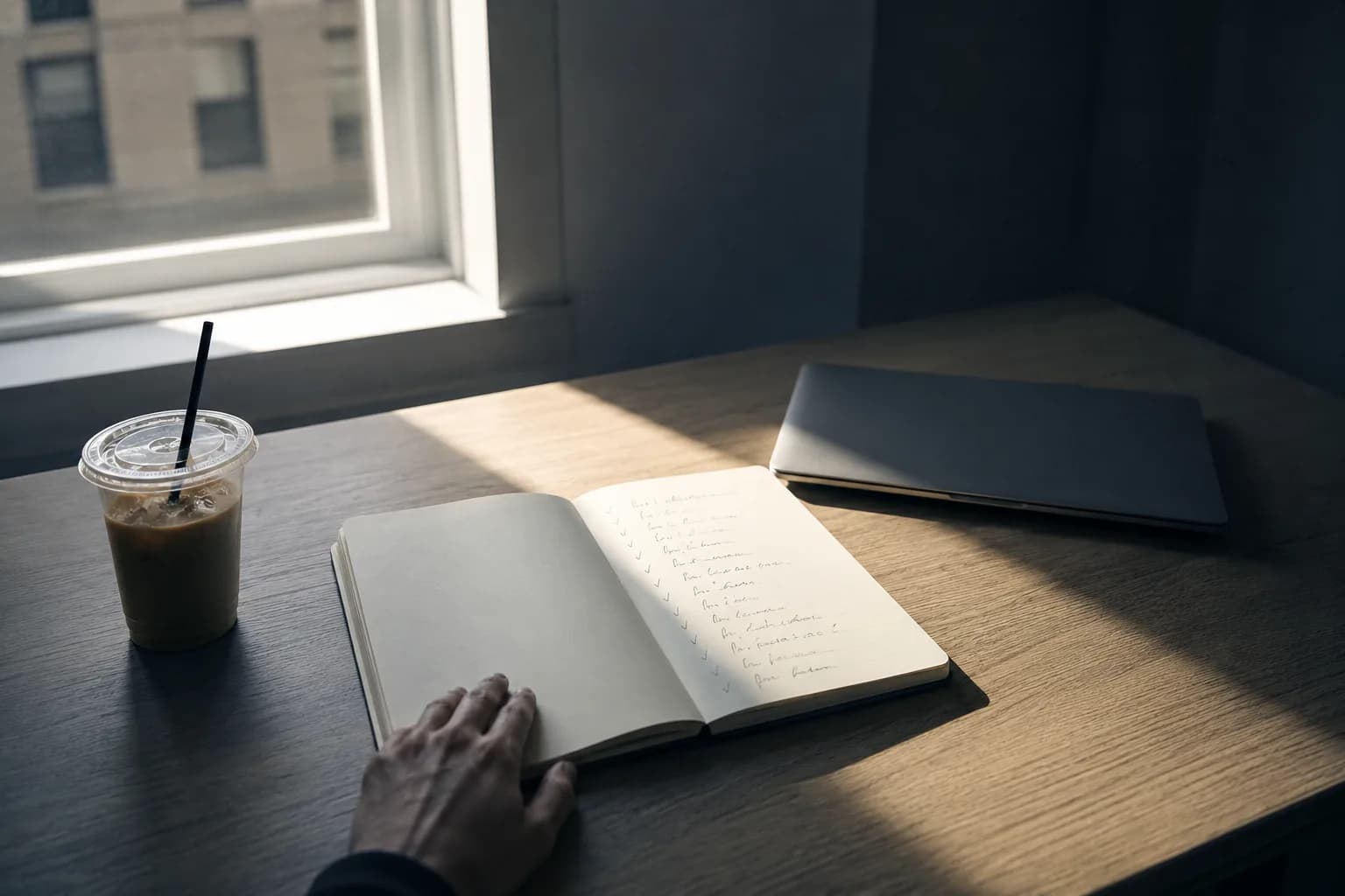 A paper notebook open on a desk in morning light, a handwritten list running down the page.