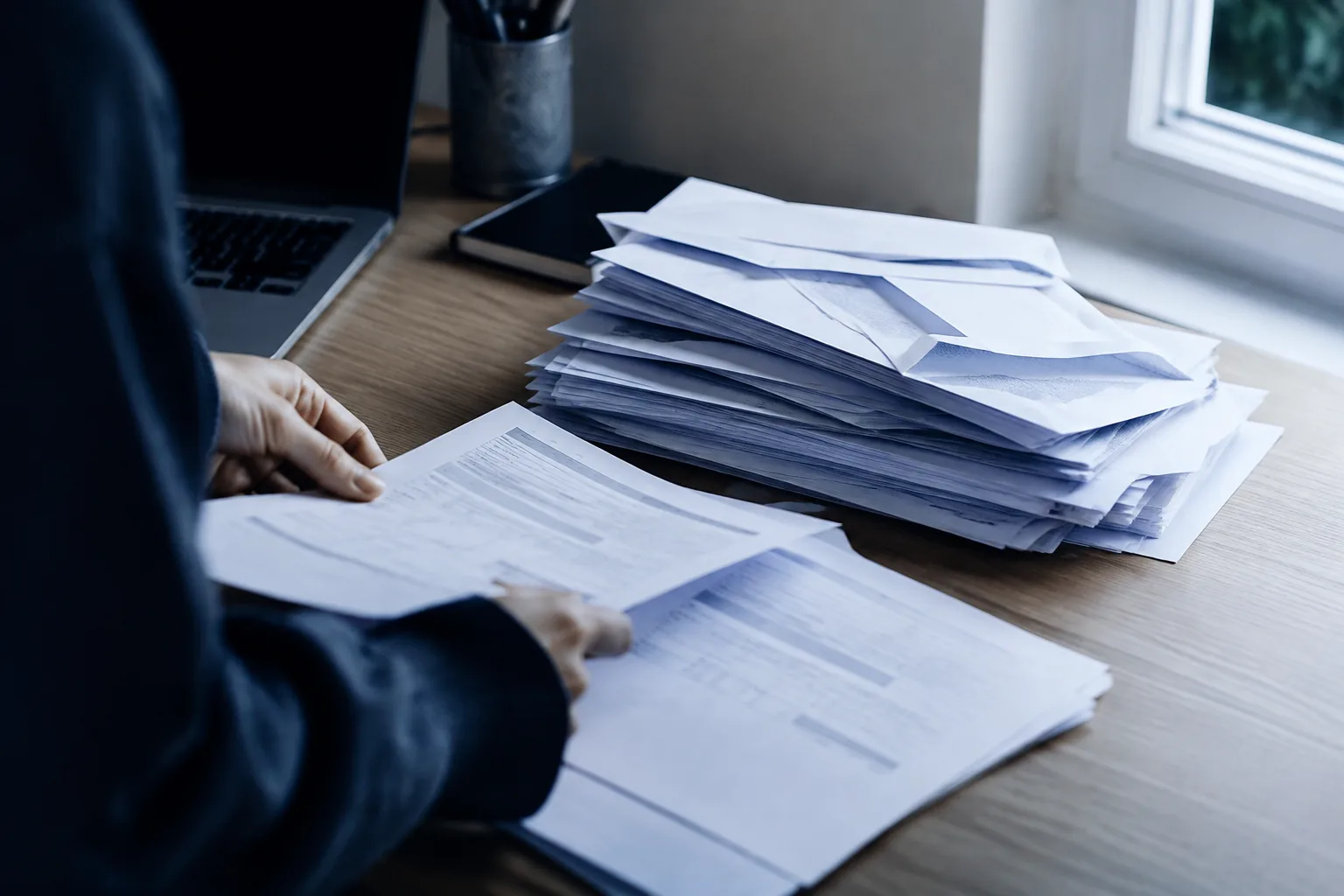 Hands moving a page from a tall stack of printed invoices and envelopes on a desk.