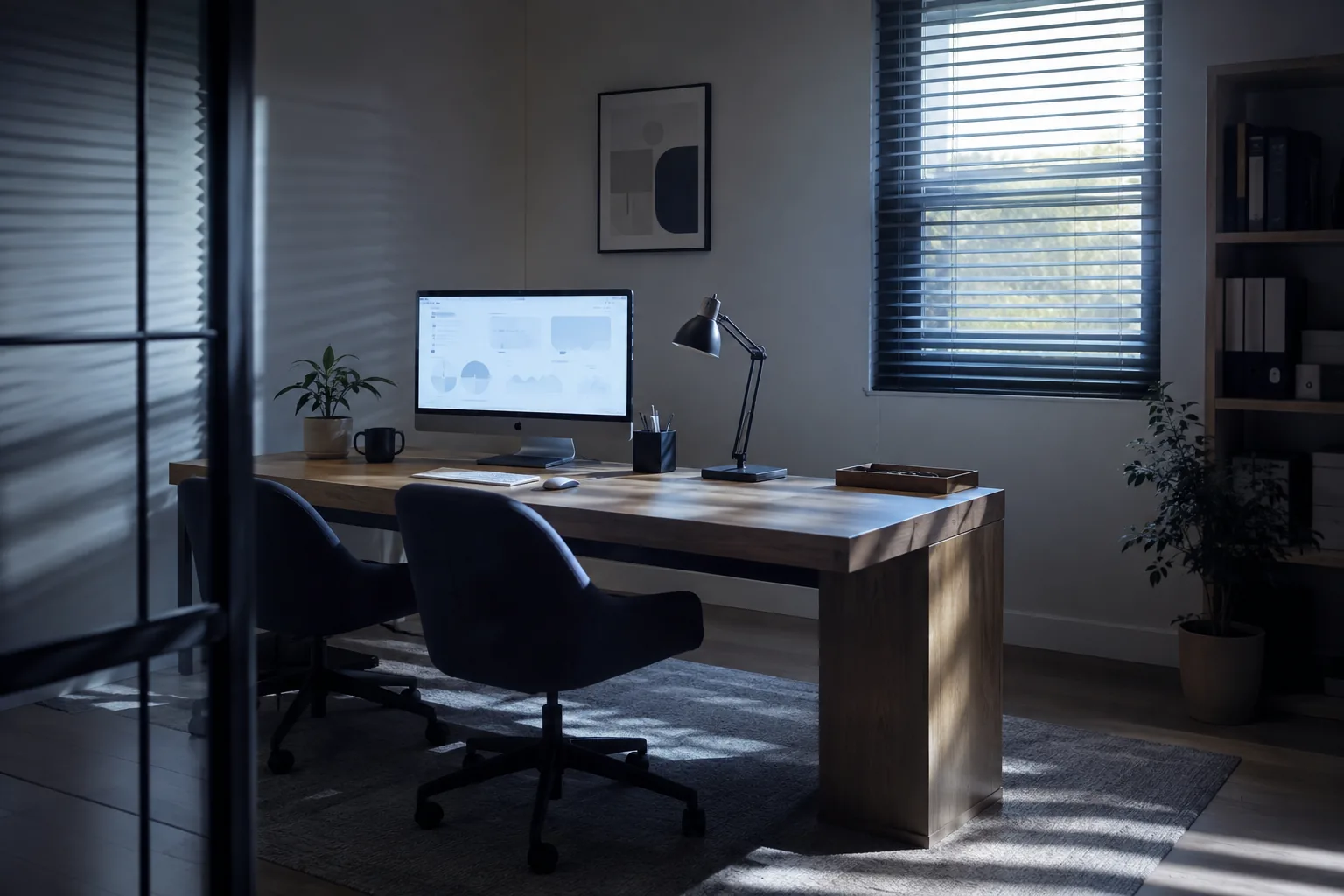 An empty office at first light with one monitor still glowing on a long desk.
